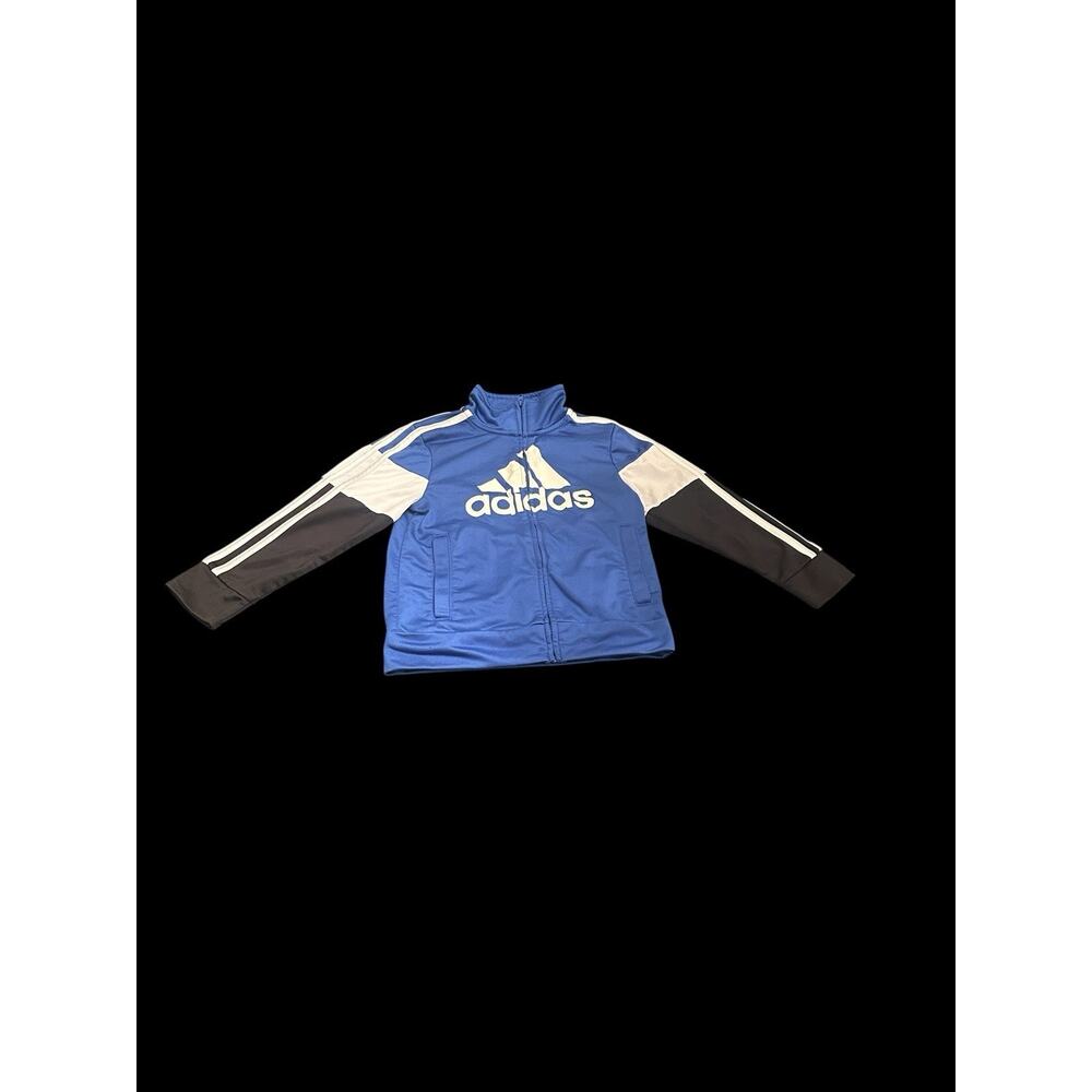 Adidas athletic jacket. Size 4T. Full zip. Blue, Black & White. White Stripes